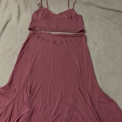 Pink Two-Piece Crop Top Maxi Skirt Set w Lace