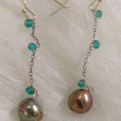 Handmade Earrings with SS chain and Peacock Freshwater Pearls