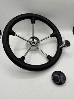 14" Boat Steering Wheel, Stainless Steel, Black Foam Grip, 5 Spoke with Turning Knob