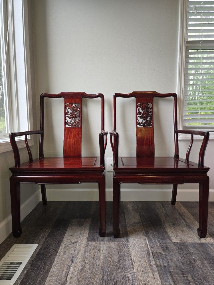 Set of 4 Vintage Chinese-Style Hardwood Dining Chairs – Dragon Carvings