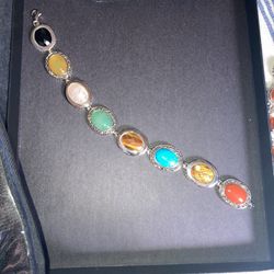 NEW SEMI PRECIOUS GEM .925 STERLING SILVER BRACELET TURQUOISE ROSE QUARTZ JADE