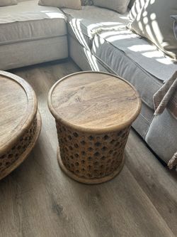Round Aged Driftwood Carved Wood Lattice Side Table