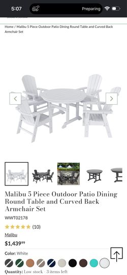 Malibu 5 Piece Outdoor Patio Dining Round Table and Curved Back Armchair Set