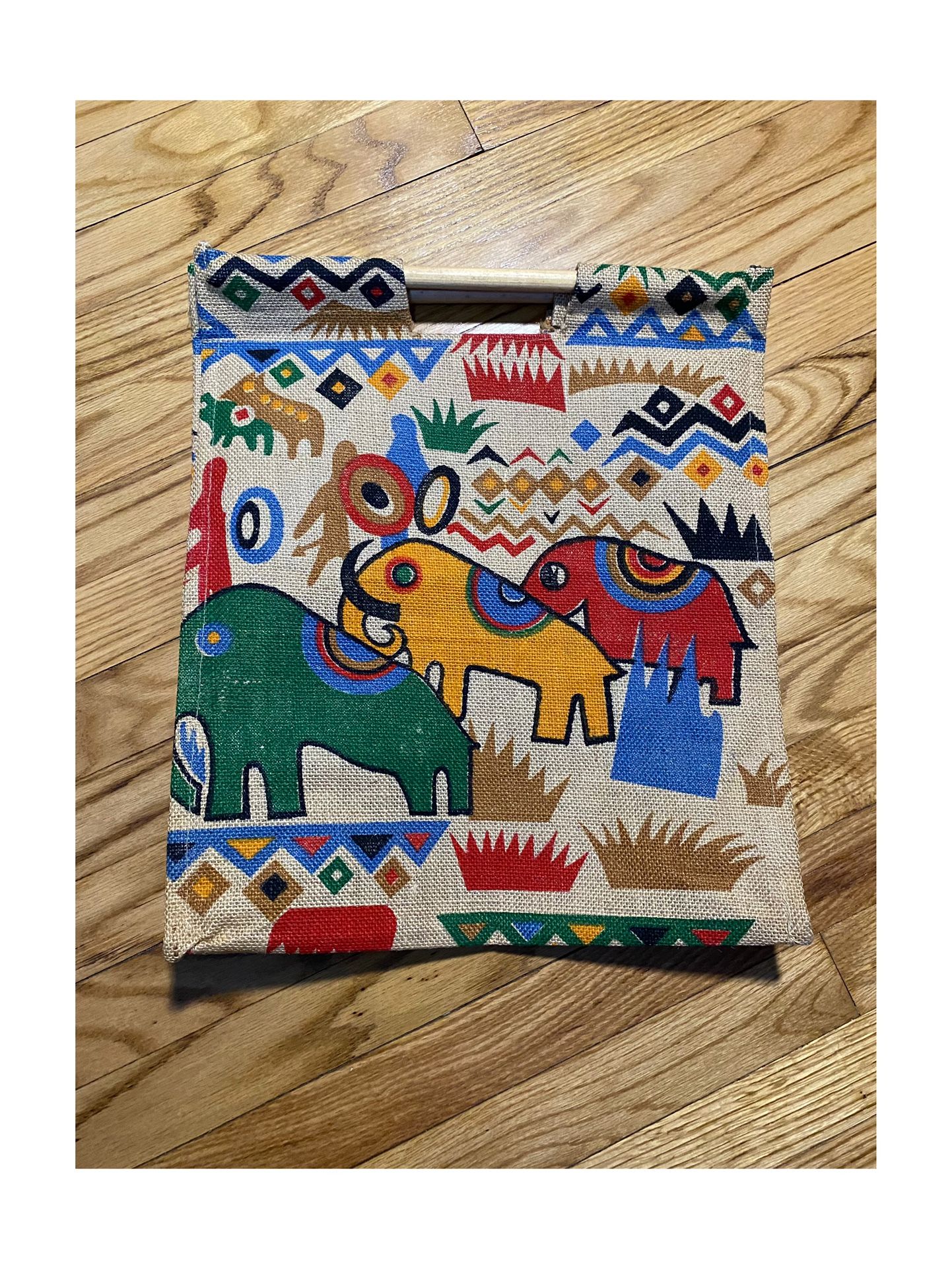 Wood Handled Tote Bag Elephant Huge Colorful Pattern Boho Purse 14x14