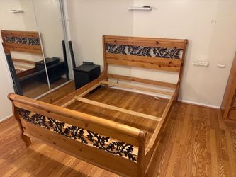 Wood Sleigh Bed Frame with Metal Scroll Detail