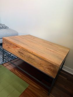 West Elm industrial wood storage pop up coffee table, mango