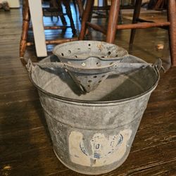 Vintage Galvanized Metal Mop Bucket With Strainer 