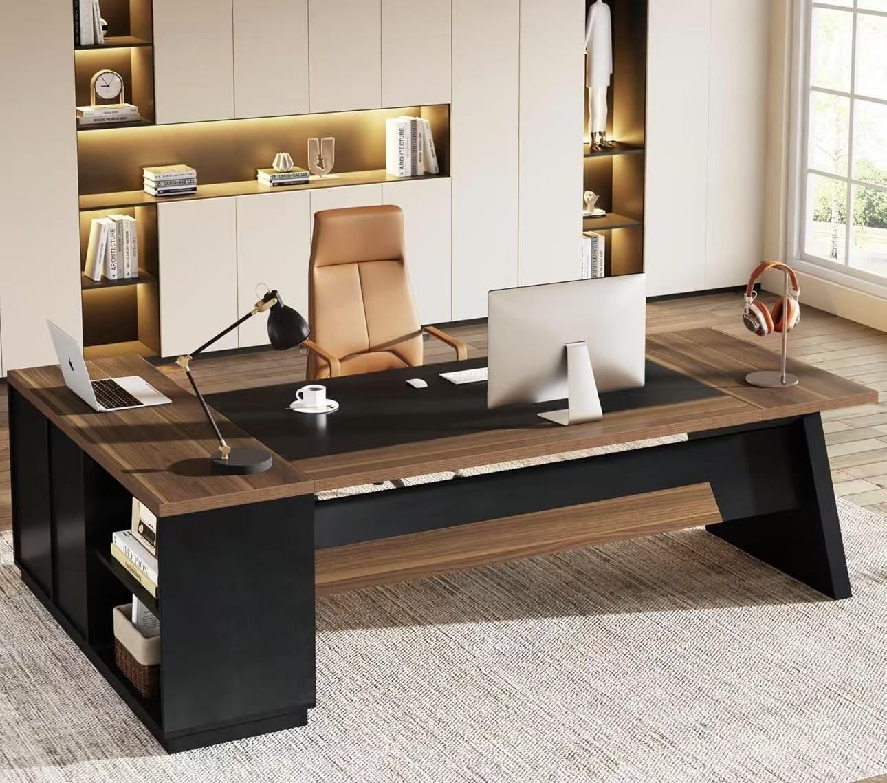 HL0242AB L-Shaped Executive Desk, 78" Modern Office Desk with Drawers and Lateral File Cabinet, Large Computer Table with Storage Shelves, Workstation