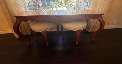 2 Large side table cherry wood finish with 2 matching upholstered stools