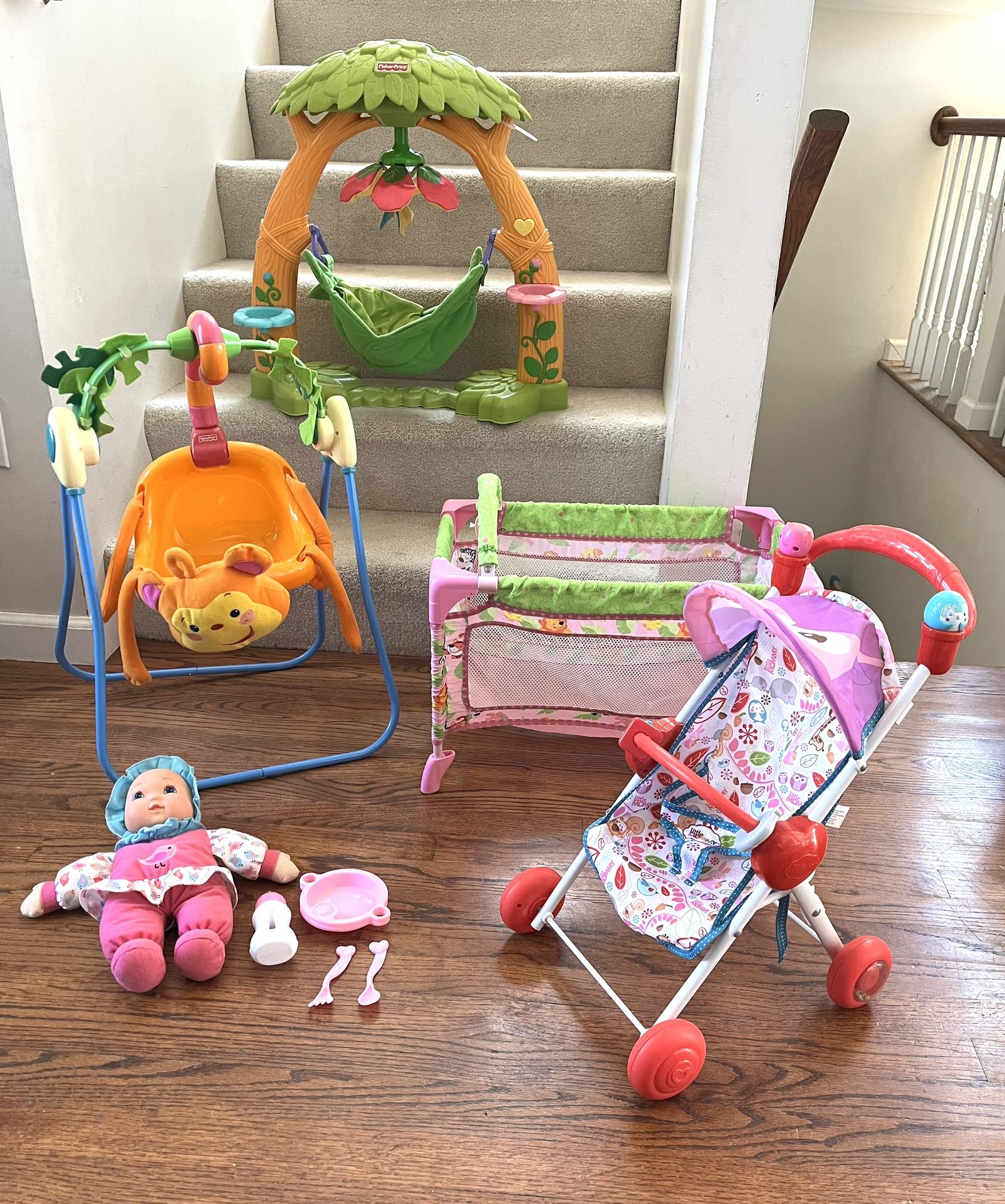 Fisher Price Doll Items. Stroller, Swing, Cradle, Crib, Doll & More! ($55)
