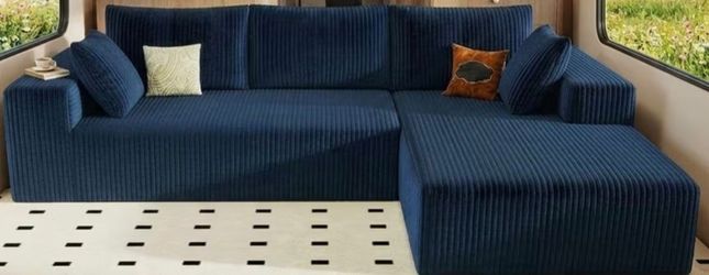 Navy Blue Corduroy L-Shaped Sectional Sofa