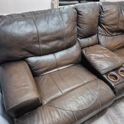Italian Leather Reclining Sofa with Cup Holders – Good Condition