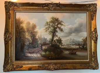 Large Signed Decorative Landscape Oil Painting OBO