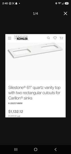 New KOHLER Silestone® 61" quartz vanity top with two rectangular cutouts for Carillon® sinks