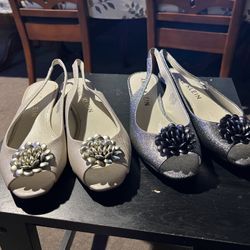 2 pairs of Anne Klein Akliza shoes, one is soft silver and shiny silver and with a strap back, size 10 M. New 20 each