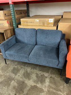Blue Fabric Loveseat with Black Metal Legs