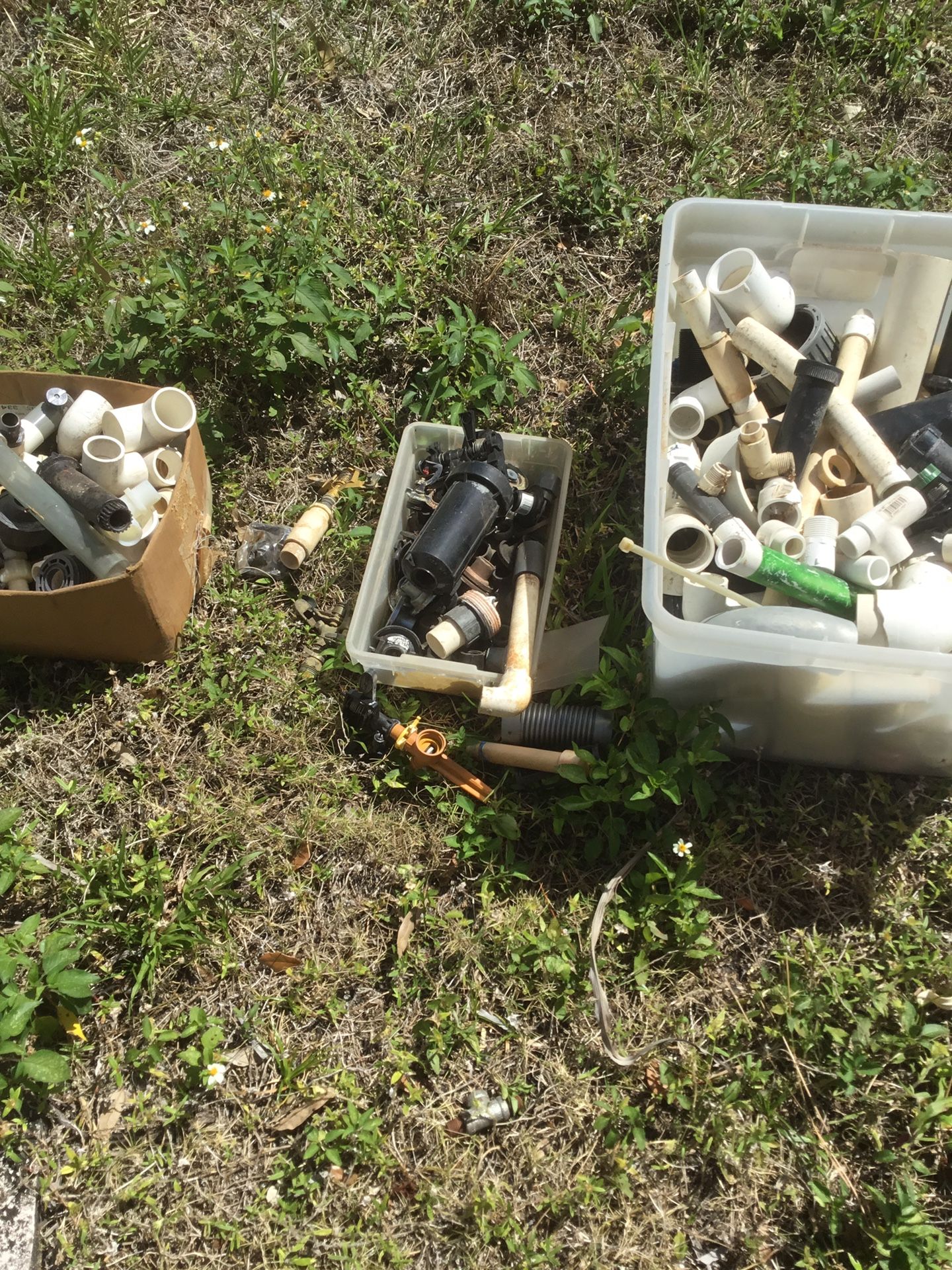 PVC Fittings, Sprinkler heads And Fittings, Segments Of PVC., Etc. Much Of It Is Brand New. Great For Plumber’ Landscaper Inventory