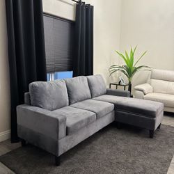 Modern Grey Velvet Reversible Sectional  Sofa Couch