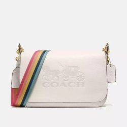 Coach White Pebbled Leather Jes Messenger Flap Bag Stagecoach Rainbow Strap F72703