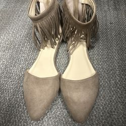 Size 8 Fringe Layer Cuff Angle Rear Zipper Ballerina Ballet Flat Sandals