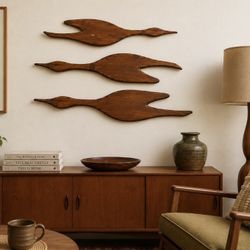 Vintage Handcrafted Wooden Flying Geese Wall Art Set of 3 – Signed Folk Art Mid Century Decor 