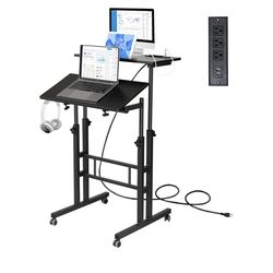Hadulcet Mobile Standing Desk with Charging Station, Adjustable Standing Computer Desk, Standing Adjustable Laptop Cart with Wheels for Home Office Cl
