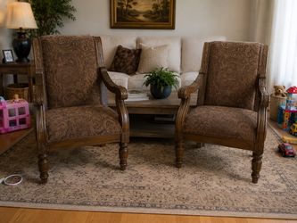 Pair of Ashley Furniture Solid Wood Carved Accent Chairs – Excellent Condition