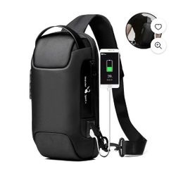 Black Men's Sling Backpack Waterproof Anti-theft Shoulder Crossbody Bag USB Port Pack