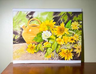 #Original Watercolor Painting On Arches 300gsm/ Still life with Yellow-colored ceramic jug and sunflowers/ Signed By Artist 