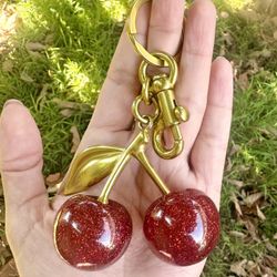 RED Glitter Cherry Bag Charm Keychain 