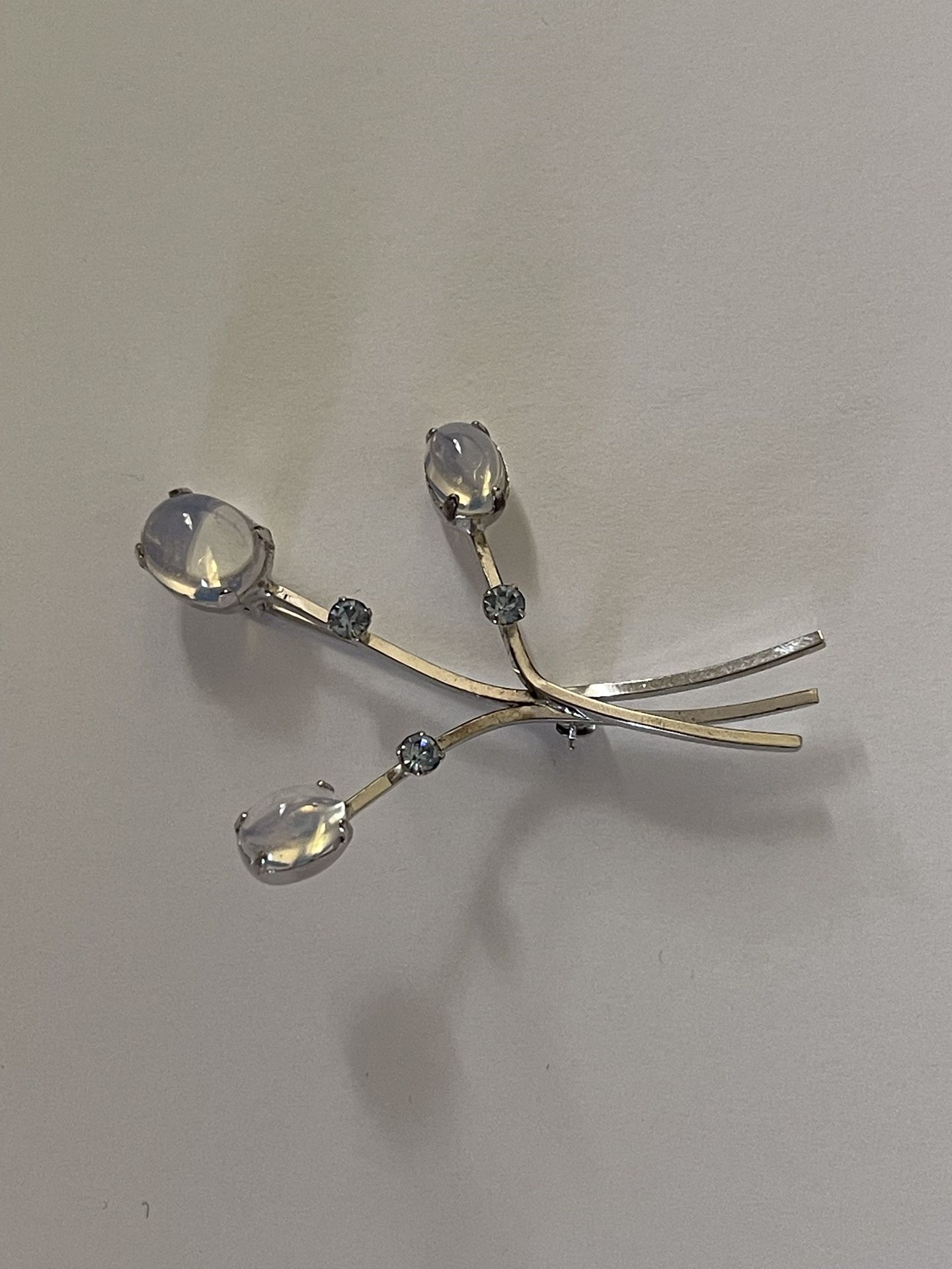 Van Dell Sterling Moonstone Color & Clear Rhinestone Flower Spray Brooch Vintage