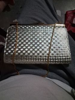Silver Metallic Clutch Bag with Gold Chain