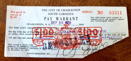 1933 College of Charleston Pay warrant receipt