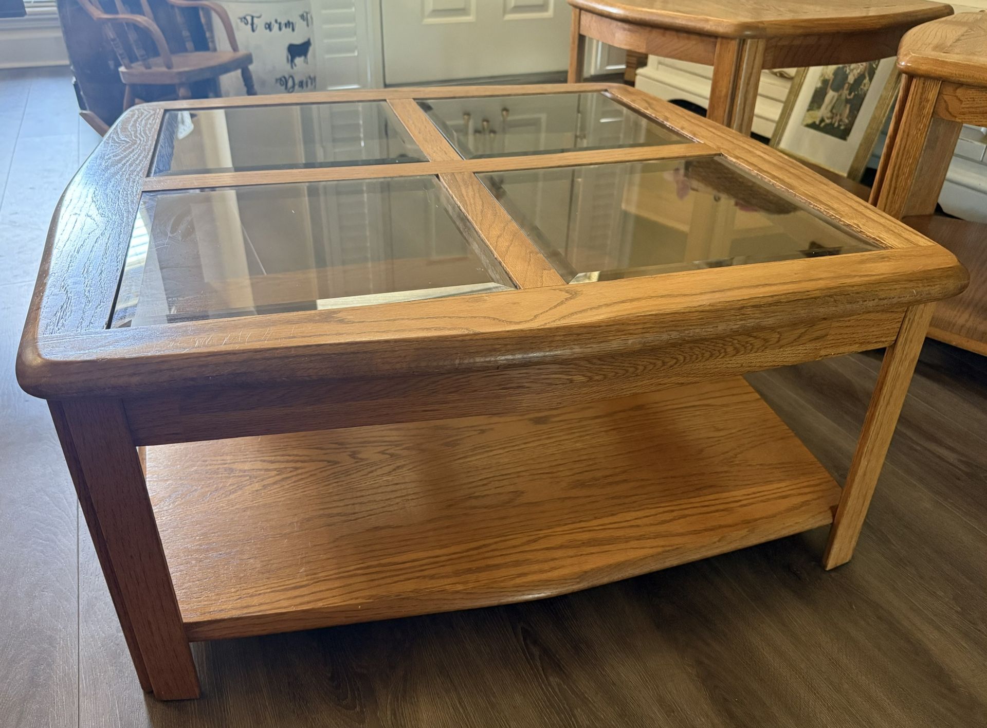 Square solid oak wood coffee table and two end tables