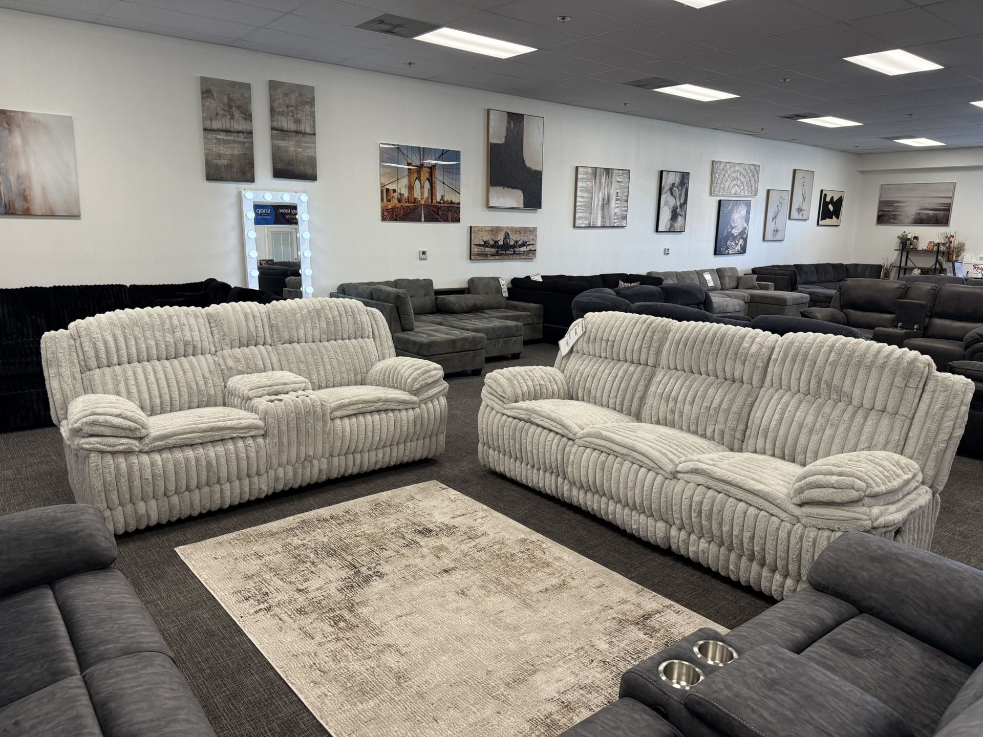 Off White XL Corduroy Sofa & Loveseat Recliner Set - Free Delivery Promo