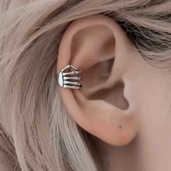 Brand New Silver Toned Skeleton Hand Cuff Clip-On Earrings