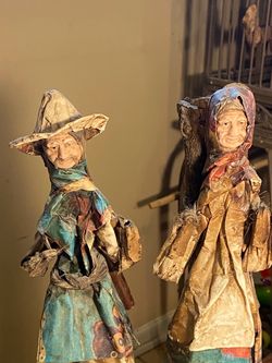 2 Beautiful Vintage Mexican Folk Art 13.5” Handmade Paper Mache Figurines