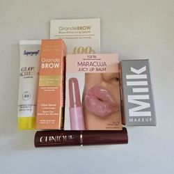 Beauty product bundle including supergoop glow screen, grande cosmetics grande brow, tarte maracuja lip balm in shade rose, milk Makeup And Clinique