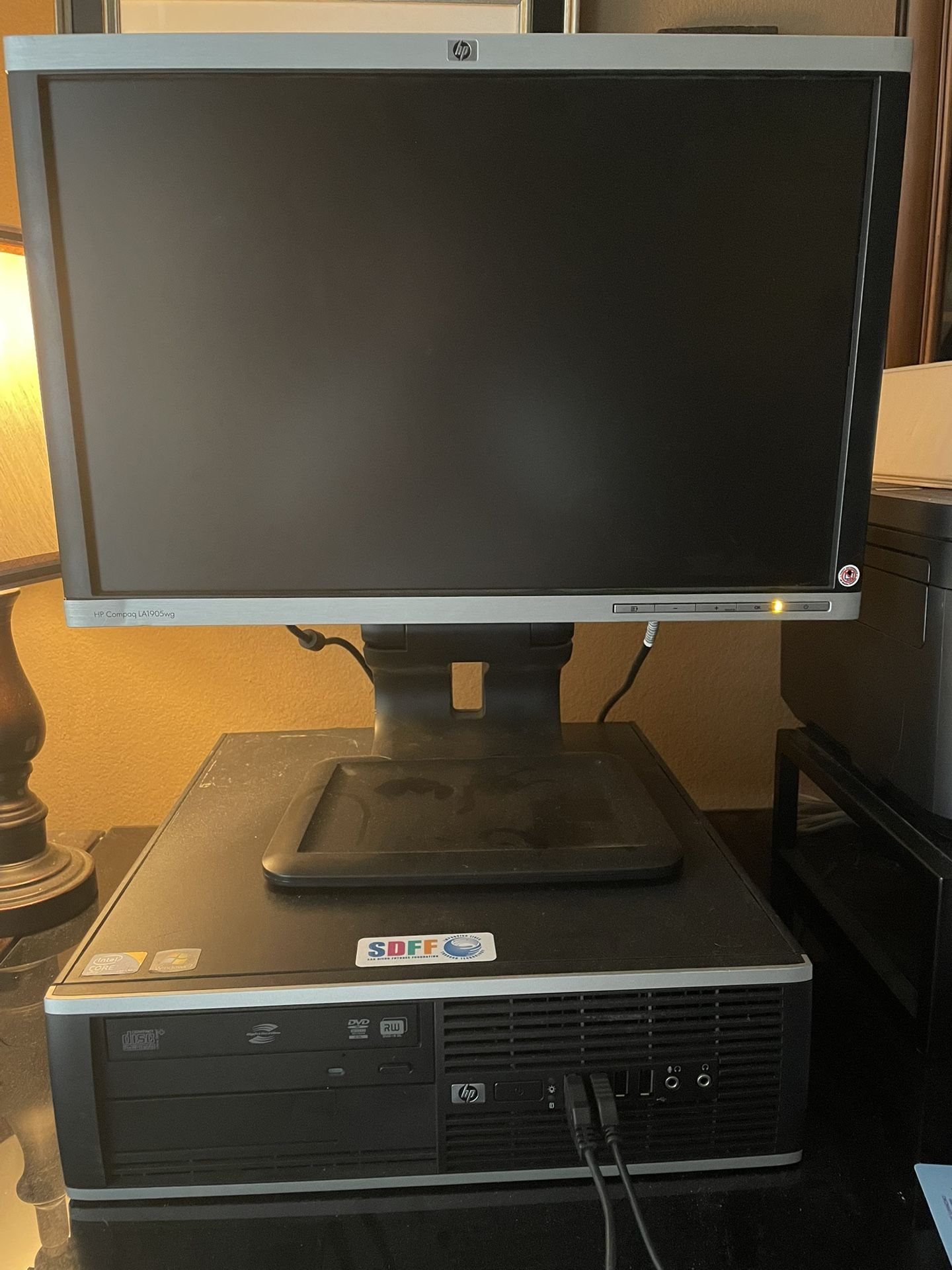 HP Compaq 8000 Elite With HP LA1905WG Monitor, Keyboard, Mouse, And Cords.