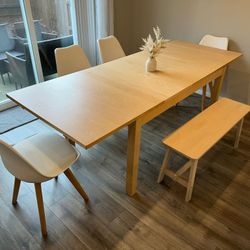 Brown Extendable Table with Bench and 4 Chairs