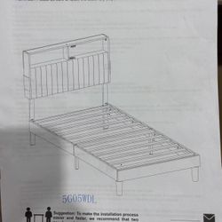 D12-Twin Size Bed Frame with Charging Station and LED Lights, Platform Bed with Metal Slats, Grey Upholstered Headboard with 2-Tier Storage Shelves, N