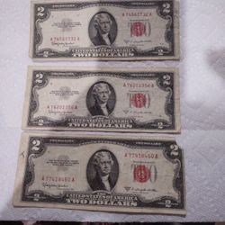 3 Red Seal Us 2 Dollars Note Pictured For Sale