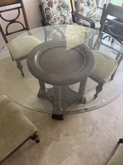 Table only - round glass top table with  wooden pedestal