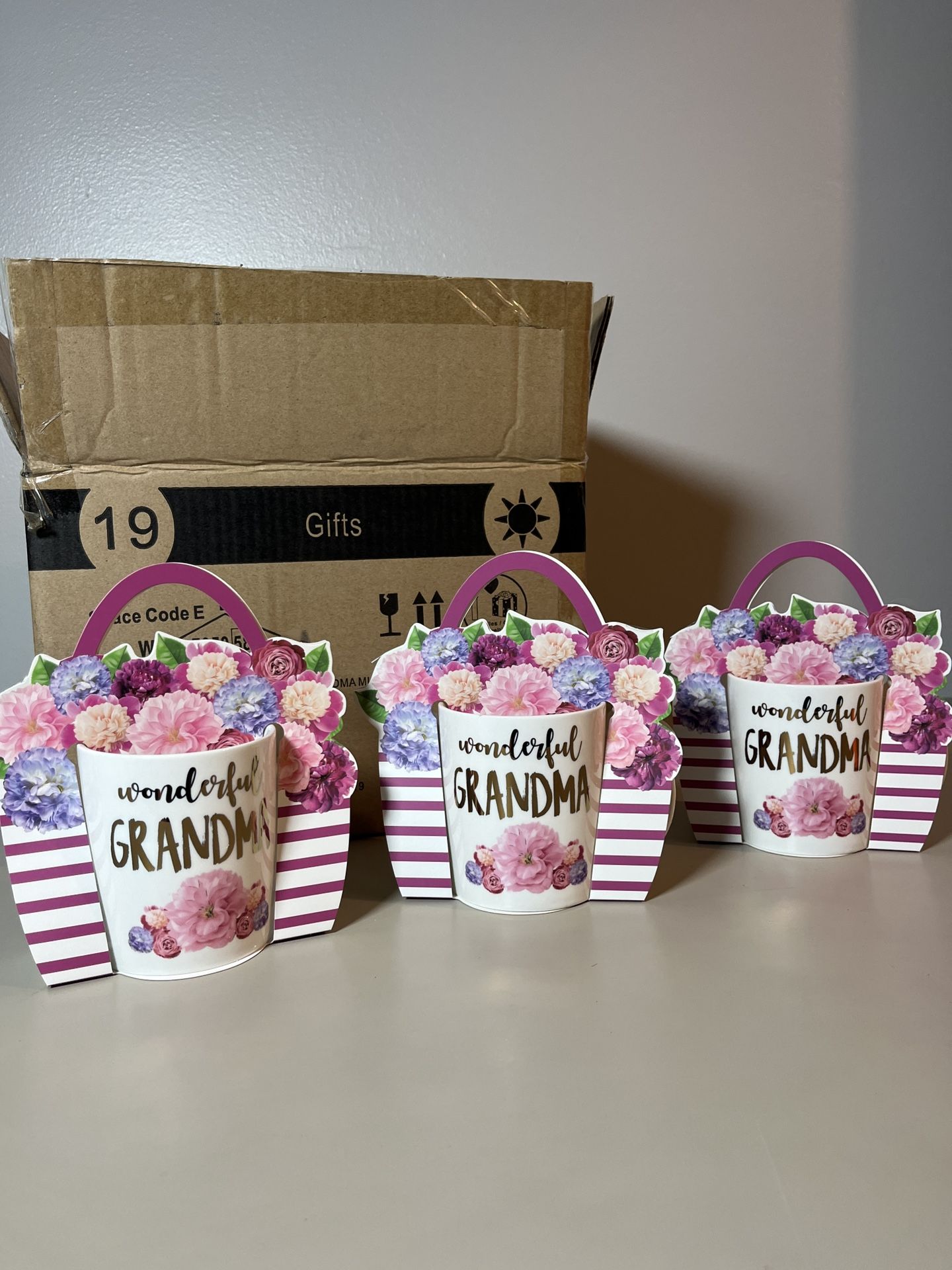 Set of 3 – Wonderful Grandma Coffee Mugs 14oz – Floral Ceramic Cups