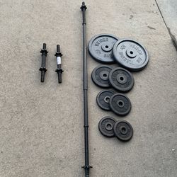 85lb Weight plates 1” hole, 5 ft Barbell and 2 dumbbell handles