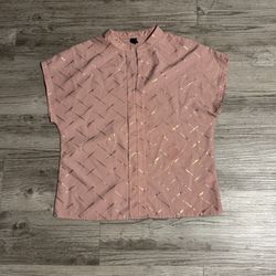 Shein Pink Gold Geometric Metallic Cap Sleeve Mandarin Collar Blouse Women Size S