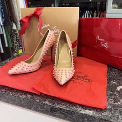 Christian Louboutin Pigalle Spikes Baby Pink Patent Leather Heels