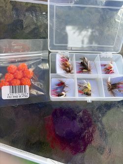 Hand-Tied Fly Fishing Flies Lot with Box + Spawn Sacs - OBO