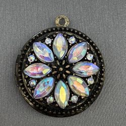 Vintage Double Locket Pendant Iridescent Rhinestones