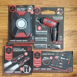 (4 Items) Drill, 2 Lights+ Tool Kit